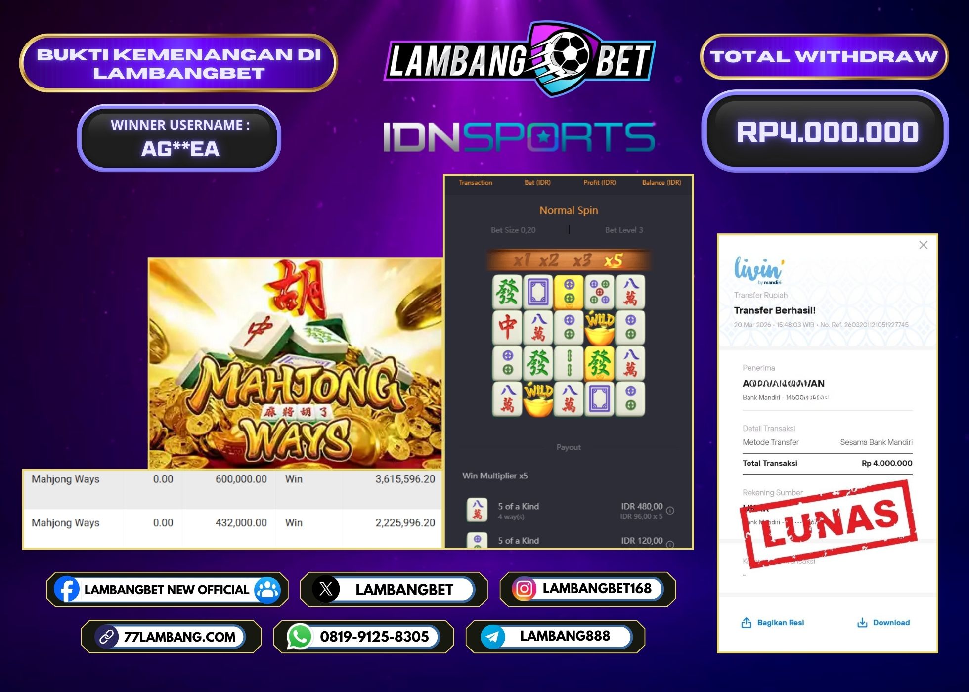 LAMBANGBET [20 MARET 2026] JACKPOT SLOT Mahjong Ways "Rp4.000.000" LUNAS